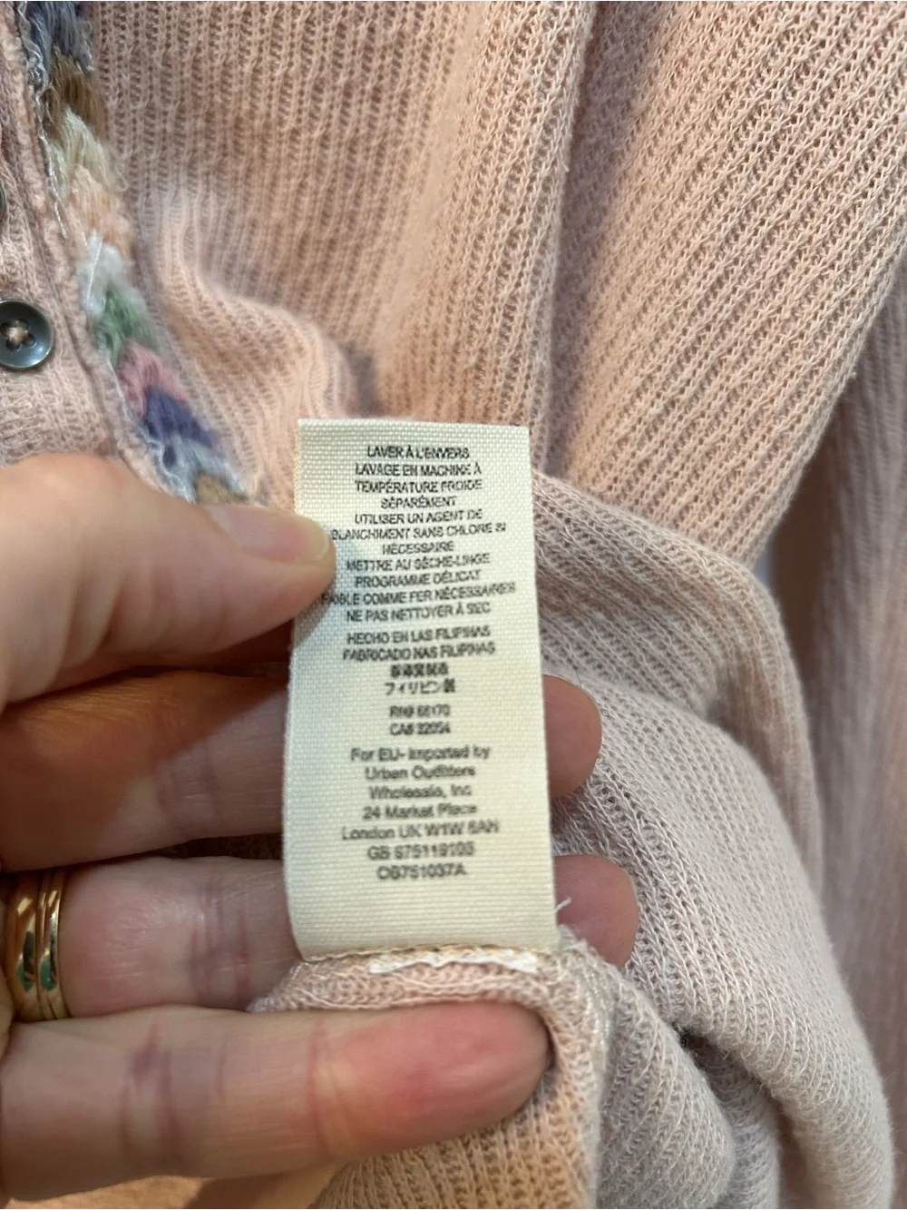 Free People Pink Thermal Henley Size S‎ Rainbow Embroidered Trim Boho Festival